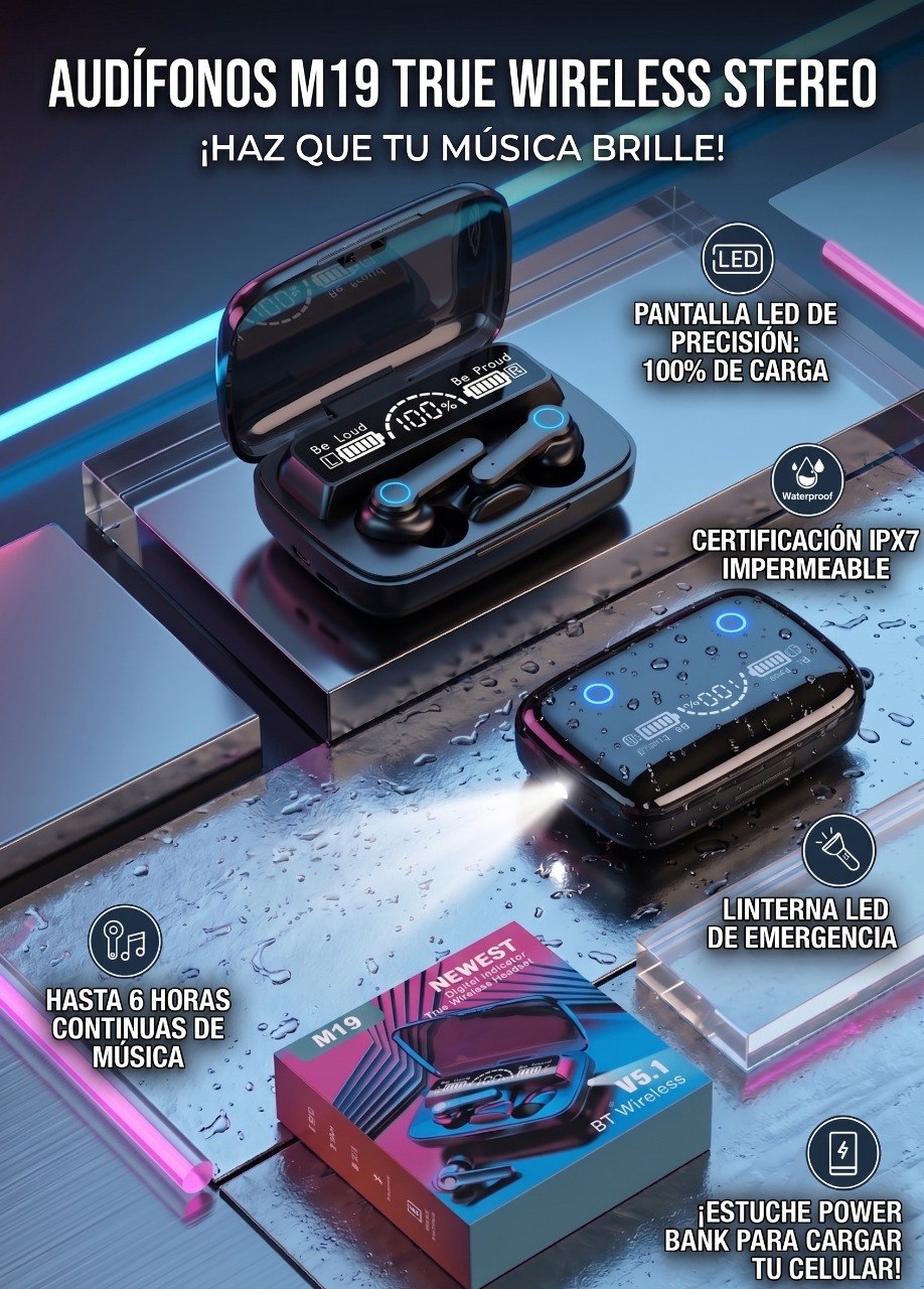 Audífonos M19 TWS Bluetooth con Power Bank y Linterna