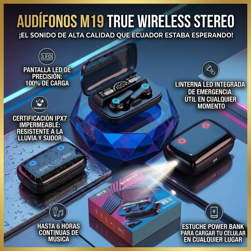 Audífonos M19 TWS Bluetooth con Power Bank y Linterna